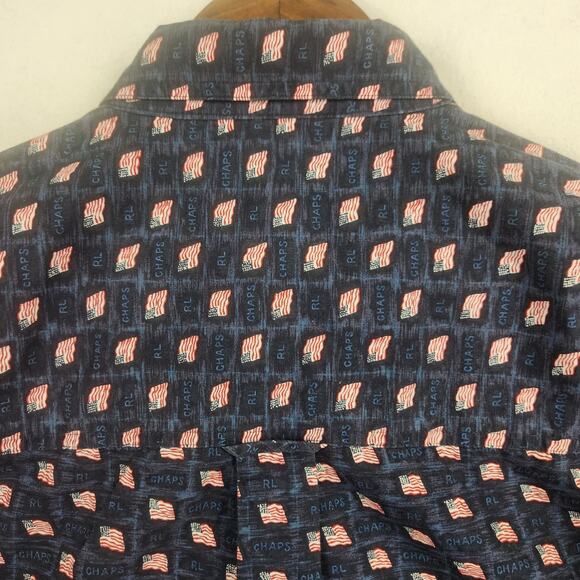 Ralph Lauren Chaps Men's Long Sleeve Bl American Flag Print Shirt Navy SZ L EUC - Picture 6 of 15